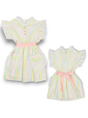 Vintage 70s Girls Pastel Stripe Lace Trim Prairie Cottagecore Dress 4 - 5
